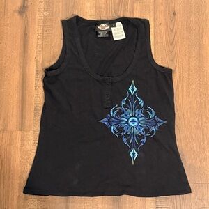 HARLEY DAVIDSON Tribal Style Women’s Tank Top Biker Y2K Black Blue Large